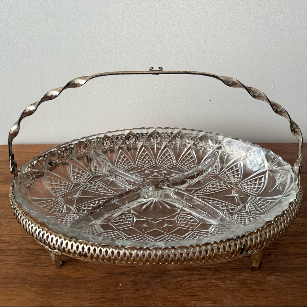 Vintage Pressed Glass Serving Dish with Metal Handle and Footed Base